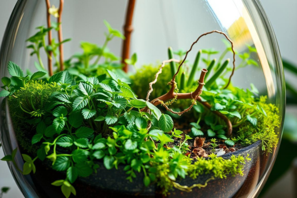 A terrarium brimming with lush, vibrant plants nestled within a sleek, glass container. The foreground showcases a diverse assortment of verdant foliage, their leaves gently cascading down the sides of the vessel. In the middle ground, delicate, trailing vines intertwine, creating a captivating, natural tableau. The background features soft, diffused lighting, casting a warm, soothing glow that accentuates the rich hues of the plants. The entire scene is captured through a slightly angled, close-up lens, highlighting the intricate details and textures of the miniature garden. The mood is one of tranquility and serenity, inviting the viewer to appreciate the beauty and simplicity of this self-contained, indoor oasis. Mini-jardim-em-potes