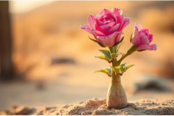 A desert rose caudex in the foreground, its smooth, swollen stem rising from the sandy soil. Unfurling from the caudex, delicate green leaves with serrated edges and a soft, velvety texture. At the tips of the branches, exquisite pink petals in a spiral arrangement, their edges gently ruffled, capturing the warm desert light. The background blurs into a hazy, golden landscape, evoking the arid, enchanting atmosphere of the desert. Captured with a shallow depth of field, the rose's intricate details are the focus, drawing the viewer's eye inward. Soft, directional lighting accentuates the plant's sculptural form and vibrant colors, creating a sense of timeless, natural beauty. Rosa do Deserto