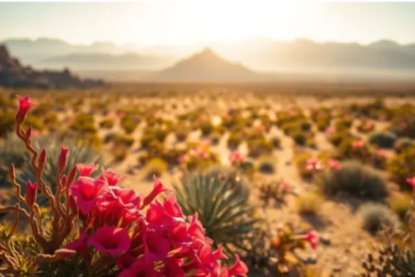 A breathtaking desert landscape, bathed in warm, golden sunlight. In the foreground, a vibrant cluster of Adenium obesum, commonly known as "desert roses", their lush, twisted stems and vibrant, trumpet-shaped blooms in shades of deep pink and crimson. The middle ground features a scattering of additional Adenium varieties, each with unique petal formations and color palettes, creating a captivating visual tapestry. In the background, a hazy, sun-drenched horizon, with rugged, arid mountains fading into the distance, conveying the harsh yet beautiful desert environment. The scene is captured with a shallow depth of field, gently blurring the background and focusing the viewer's attention on the stunning, diverse array of desert rose species. Rosa do Deserto