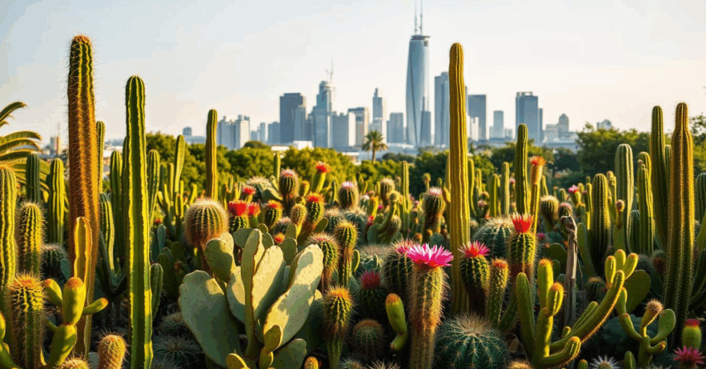 A lush, vibrant cactus garden in the heart of a bustling Brazilian city. In the foreground, a collection of rare, exotic cacti in a variety of shapes, sizes, and hues - from the towering, spiny barrel cactus to the delicate, succulent pads of the prickly pear. The middle ground features a mix of smaller, more common cacti, their verdant silhouettes punctuated by the occasional burst of color from a flowering specimen. In the background, a modern, glass-and-steel skyline rises, creating a striking contrast between the natural and the man-made. Soft, warm lighting bathes the scene, casting gentle shadows and highlighting the intricate textures of the cacti. The overall impression is one of a thriving, trendy green oasis in the heart of a bustling urban landscape. cactos-raros