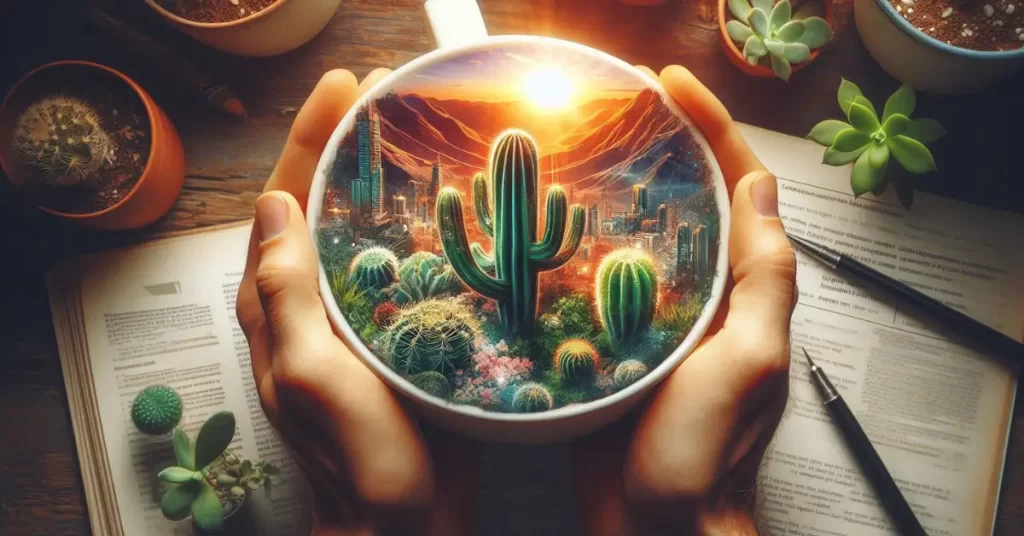 A lush, vibrant cactus garden bathed in warm, golden sunlight. In the foreground, a collection of young, thriving cactus plants in various shapes and sizes, their distinctive silhouettes and spiny textures conveying the hardy, resilient nature of these captivating succulents. The middle ground features a selection of larger, more established cacti, their intricate patterns and colors creating a visually striking display. In the background, a serene desert landscape with rolling hills and a clear, azure sky, emphasizing the natural habitat of these low-maintenance, drought-tolerant plants. The overall scene exudes a sense of tranquility and the rewarding experience of cultivating cacti, making it an inviting introduction to the world of cactus gardening for beginners. cuidados-com-cactos